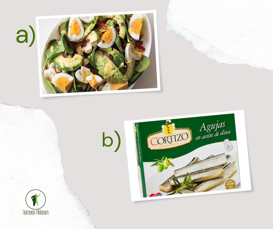 Ensalada de espinacas, aguacate y huevo con agujas en aceite.